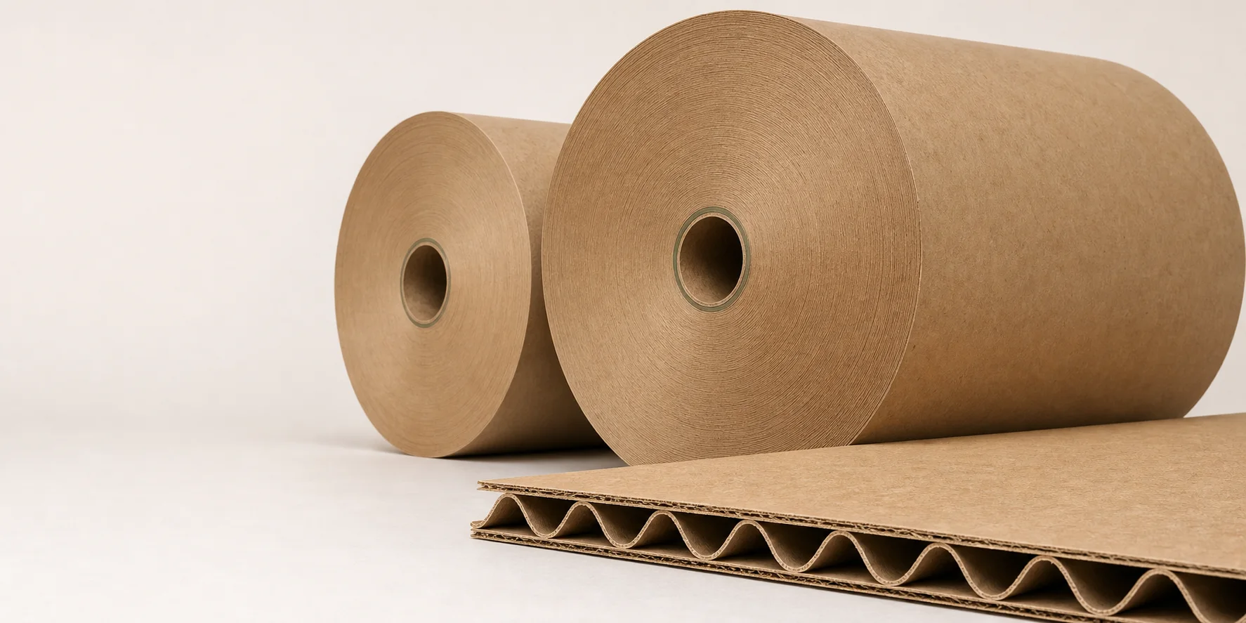 Kraft paper reels beside a corrugated board sample showing fluting between testliner layers